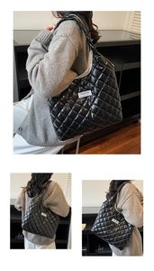 Detail of quilted black tote bag featuring glossy finish and Fashion Instinct textile tag