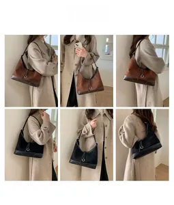 Collage of brown and black suede hobo bags with silver ring detail and shoulder strap