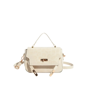 Elegant beige leopard-embossed small handbag with gold hardware and shoulder strap