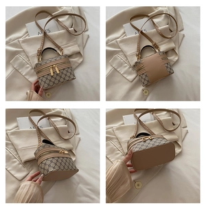Detailed views of a mini vintage monogram camera bag showing textures and gold hardware