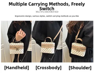 Detailed views of vintage checkered mini box bag showing handbag and crossbody styles