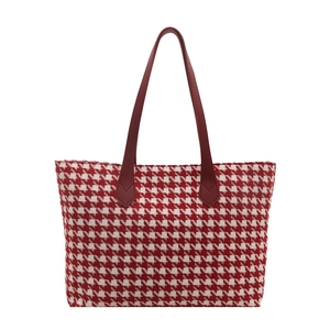 Classic red houndstooth tote bag with leather handles and spacious trapezoid design