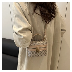Detail view of the box-style crossbody bag with vintage monogram print and gold zippers