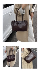 Detailed views of a dark brown vintage tote bag showing hand-carry and shoulder styles