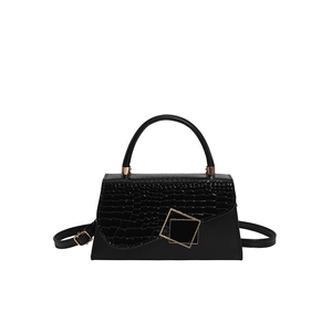 Chic black crossbody bag with faux crocodile flap and golden square lock detail