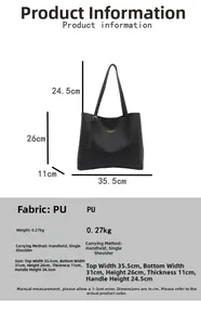 Size guide for large PU leather tote bag showing measurements and shoulder strap height
