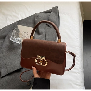 Detail of vintage brown crossbody bag featuring leopard texture and gold metal clasp