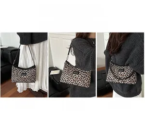 Detail showing leopard print crossbody bag worn as shoulder, hand, and crossbody styles