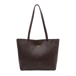 Large dark brown faux leather tote bag with Fashion Bags print for stylish women commuting