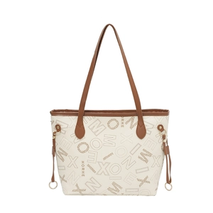 Elegante borsa tote HORHE con stampa di lettere crema e marrone con grande capacità e manici