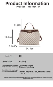 Tableau des tailles détaillé pour sac à main en cuir PU avec dimensions et sangle