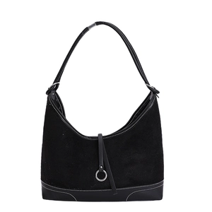 Black matte leather hobo bag with contrast white stitching and silver ring detail