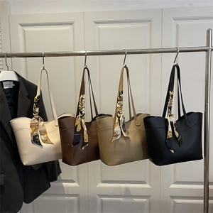 Minimalist leather tote bag for women with decorative floral silk scarf in four colors
