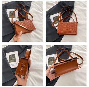 Detailed views of brown woven texture handbag with gold metal clasp and leather strap