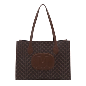 Deep brown tote bag with M letter pattern and embossed logo for a retro commute look