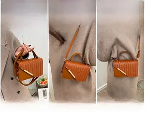 Brown leather square bag with V-weave flap shown in handbag, shoulder, and crossbody styles