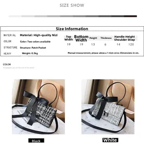 Size chart for tweed crossbody bag with bow detail showing dimensions and material weight