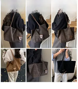 Detail shots of minimalist vintage tote bags in brown, coffee, and black suede leather