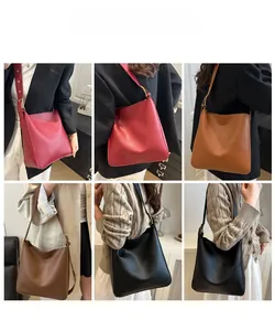 Three bucket bags in burgundy, brown, and black colors shown on models in indoor settings