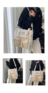 Detail shot of multi-pocket crossbody bag with embroidered logo and functional compartments