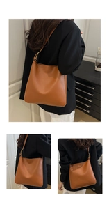 Detailed views of caramel brown minimalist tote bag with adjustable shoulder strap and matte gold buckle