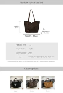 Detailed size chart and specifications for the large vintage PU leather tote bag