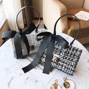 Sac À Main Élégant En Tweed Avec Grand Nœud En Satin Sac À Bandoulière Contrasté Pour Femme Style Chic Français