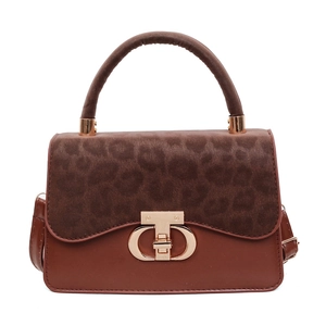 Retro brown leather crossbody bag with leopard print flap and golden metal clasp