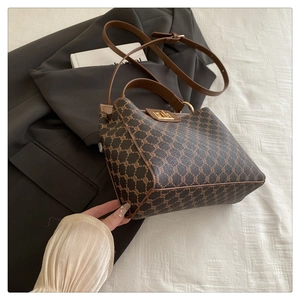 Vue détaillée du sac seau rétro avec poignée en cuir et fermoir pivotant doré