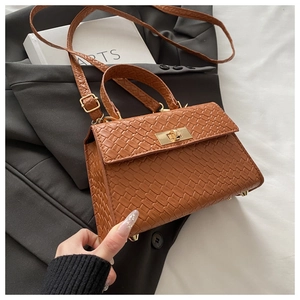 Détail du mini sac carré marron gaufré crocodile avec fermoir doré et poignée chic