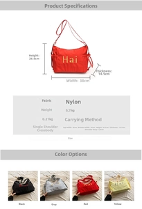 Detailed size specifications and color options for this lightweight nylon tote bag