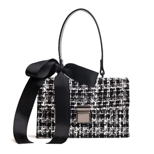 Sac À Main Bandoulière En Tweed Pour Femme Avec Grand Nœud En Satin Noir Sac À Épaule Élégant À Pied-De-Poule