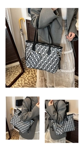 Macro view of geometric printed tote bag set with matching coin purse and detail shots