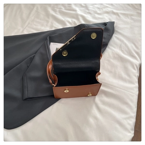 Makro-Detail der braunen Ledertasche mit Magnetverschluss und goldenem Metallrand