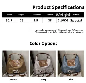 Size chart and dimensions for the minimalist chic handbag in brown, gray, and blue colors