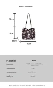 Detailed dimension chart for skull print nylon tote bag with silver chain strap