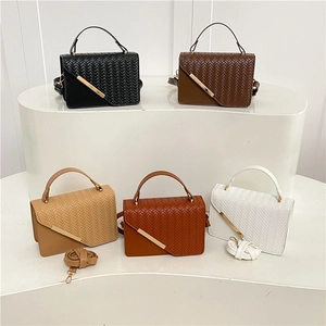 Woven Texture PU Leather Shoulder Crossbody Handbag For Women With Gold Metal Trim Flap Magnetic Buckle Square Shape