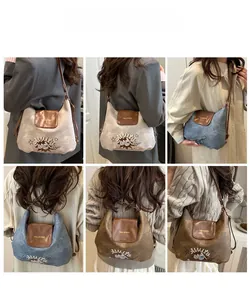 Collage of vintage canvas crossbody bags in brown, blue, and beige with leather flap