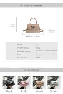 Detailed size chart and specifications for bow crossbody bag with four color variants