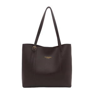 Classic dark brown leather tote bag with gold buckle straps and fashion logo lettering