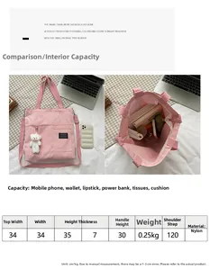 Pink nylon tote bag dimensions 34x35x7cm with interior capacity and size specifications