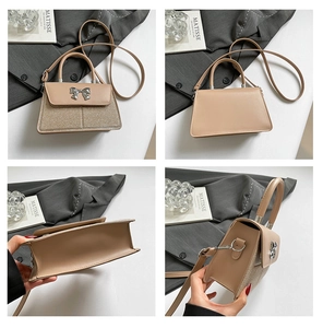 Detail view showing four angles of a beige bow-tie crossbody bag with glitter finish