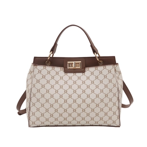 Sac fourre-tout beige à motifs avec garniture en cuir marron et fermoir en métal doré