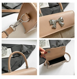 Detail shots of beige leather bag with bow metal buckle and magnetic flap closure