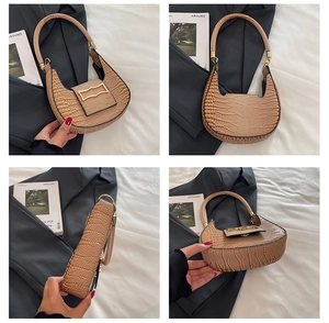 Macro details of light brown crocodile pattern hobo bag with golden buckle from four angles