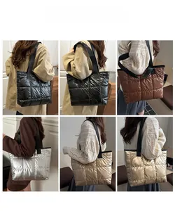 Detailed views of various color quilted tote bags showing drape and large capacity size