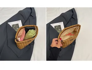 Detailed view of spacious brown quilted puffer pouch showing large capacity for essentials