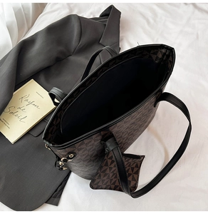 Detailed top view of a geometric print tote bag with matching small zippered coin pouch