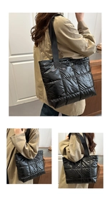 Three views of a black quilted puffer tote bag shown on a model in a minimalist room