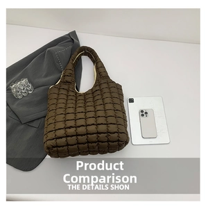 Flat lay of brown quilted tote bag with iPad and smartphone showing large capacity